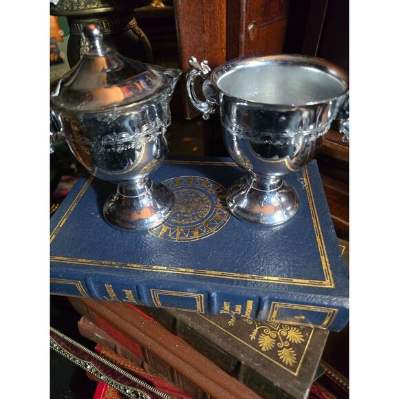Silver-Plated Sugar Bowl & Creamer Set With Ornate Handles - Picture 7 of 8